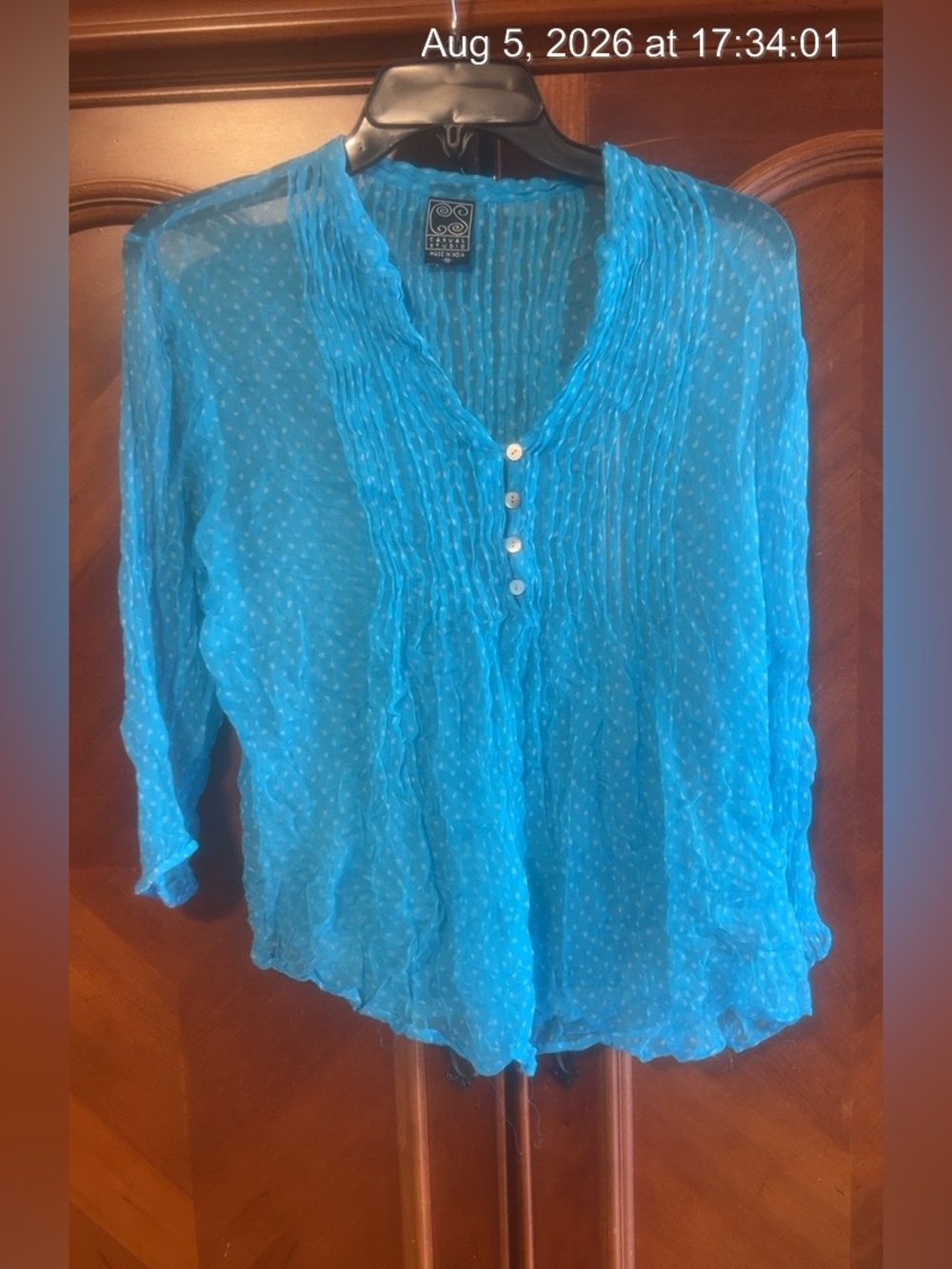 Lightweight Turquoise Pintuck Sheer Blouse (Bin 5-009)